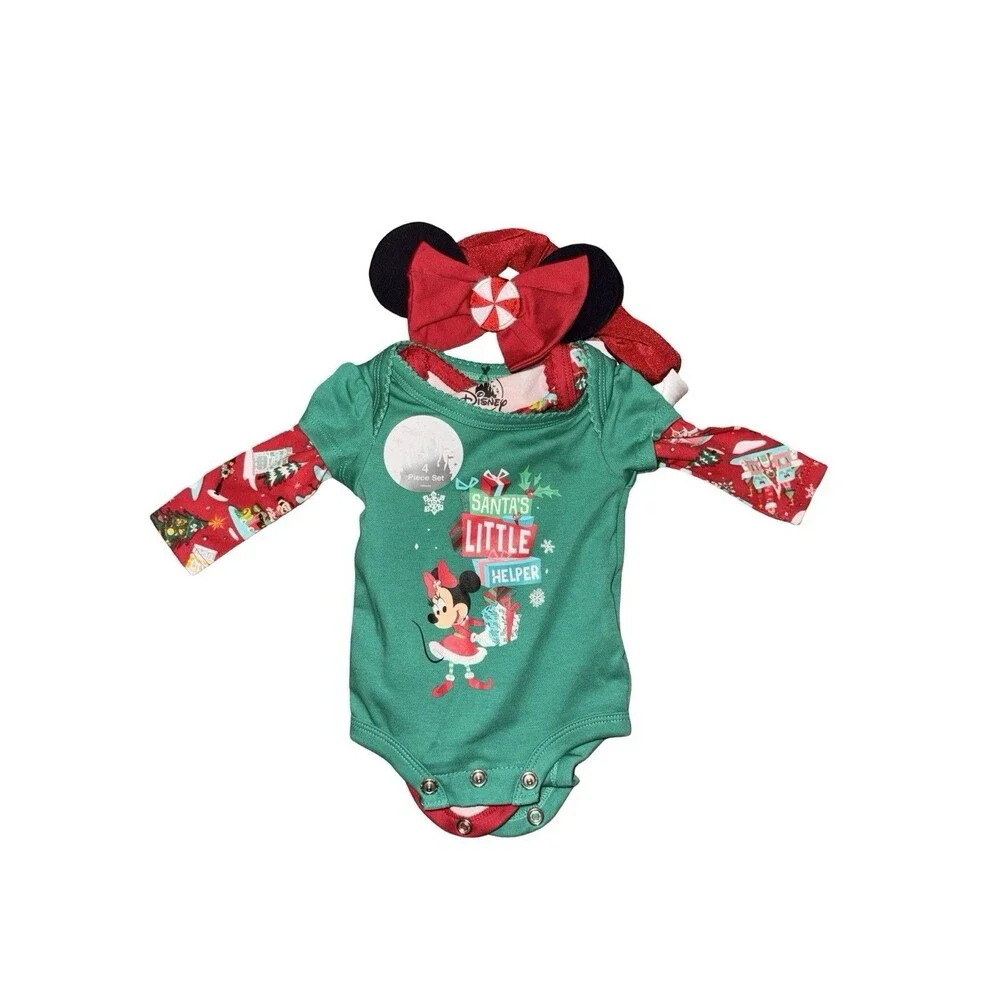 Disney Baby  Minnie Mouse Outfit Sleeper Set Newborn Santa Helper 4Pc New